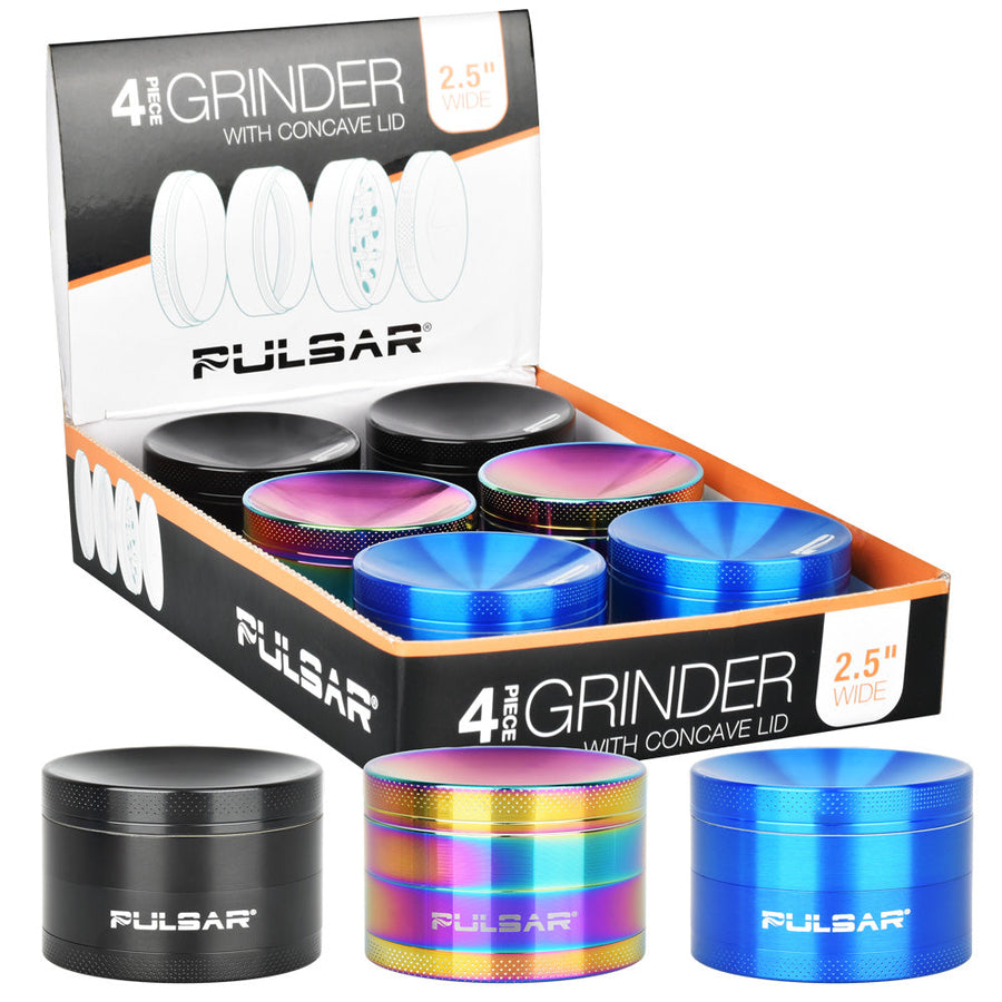 Pulsar Concave Grinder | 4pc | 2.5" | Assorted Colors | 6pc Display - Headshop.com