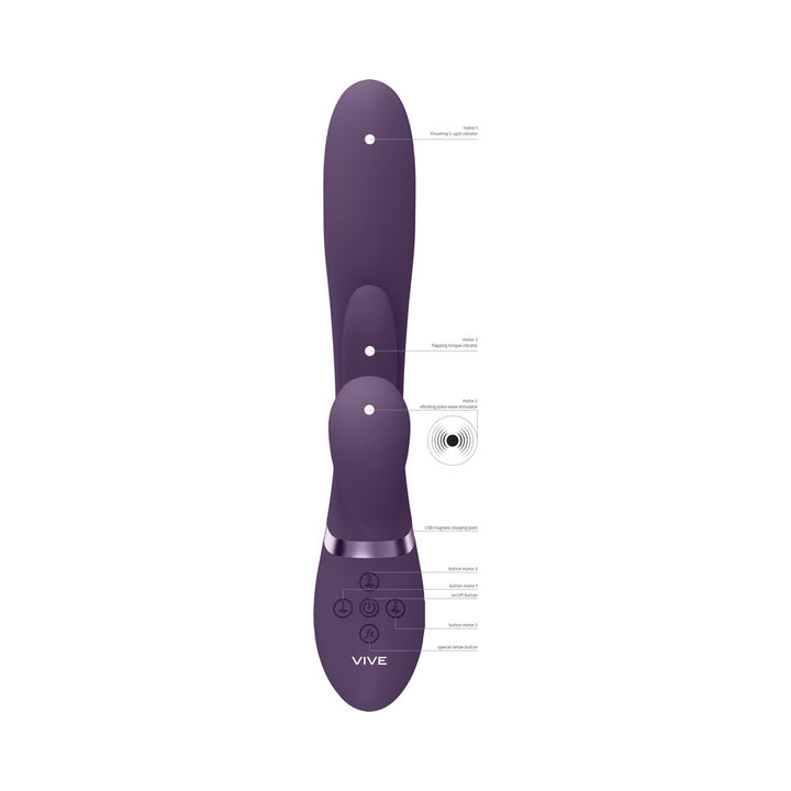 VIVE KURA Rechargeable Thrusting Silicone G-Spot Vibrator with Flapping Tongue and Pulse Wave Stimulator Purple - Headshop.com