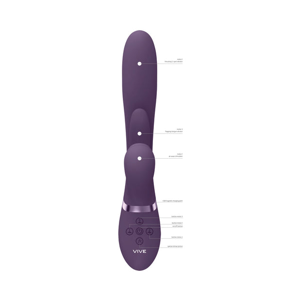 VIVE ENA Rechargeable Thrusting Silicone G-Spot Vibrator with Flapping Tongue and Air Wave Stimulator Purple - Headshop.com