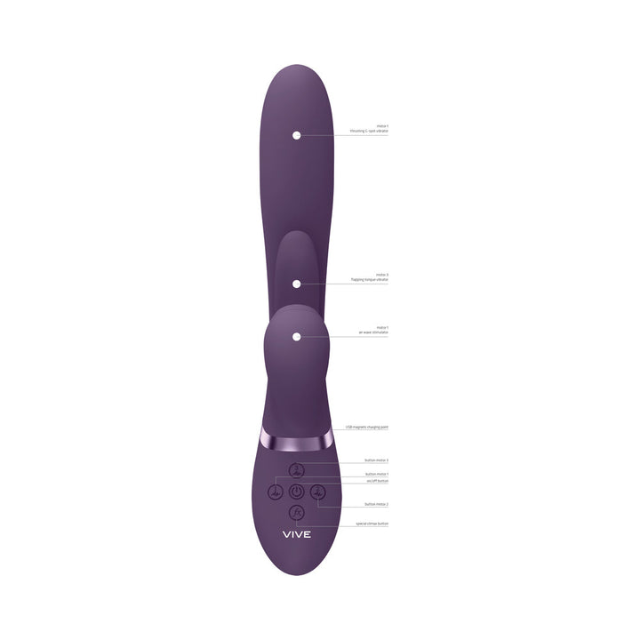 VIVE ENA Rechargeable Thrusting Silicone G-Spot Vibrator with Flapping Tongue and Air Wave Stimulator Purple - Headshop.com