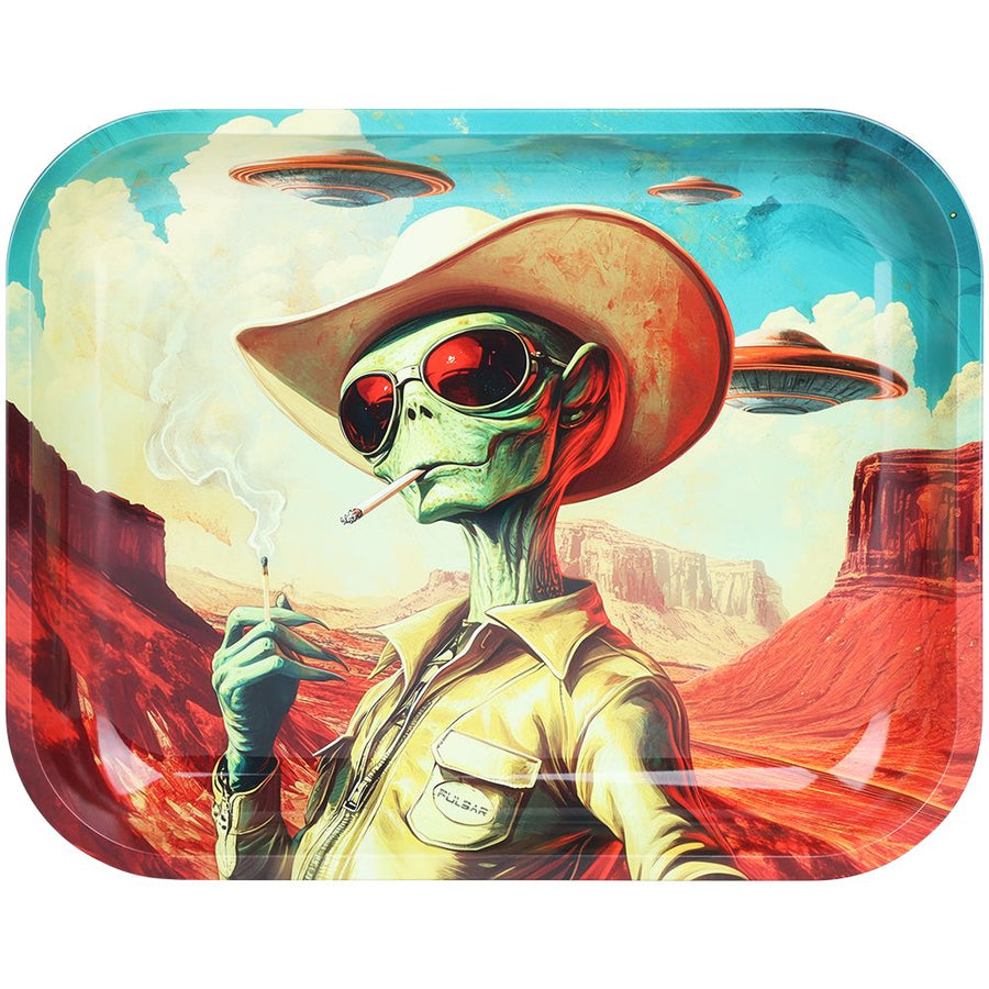 Pulsar Design Series Large Metal Rolling Tray - Cowboy Alien / 13"x11" - Headshop.com