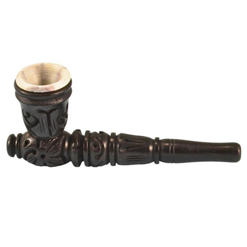 Carved Wood Hand Pipe w/ Stone Bowl - Headshop.com