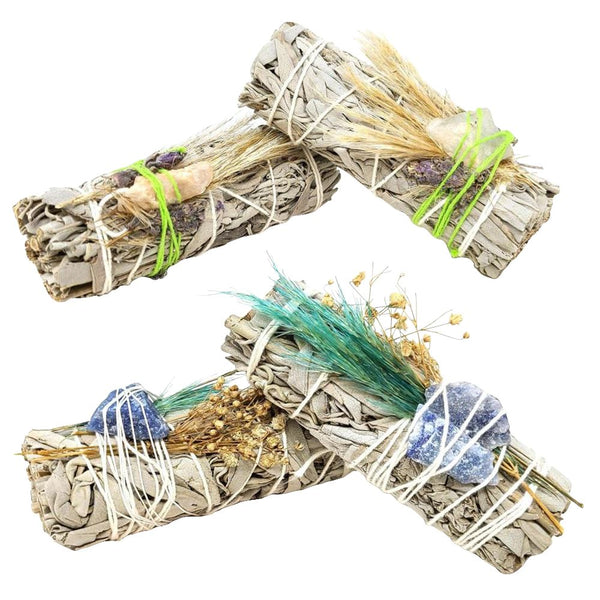 White Sage Floral Smudge Stick & Crystal Stone Bundle | 4" White Sage Floral Smudge Stick & Crystal Stone Bundle | 4"