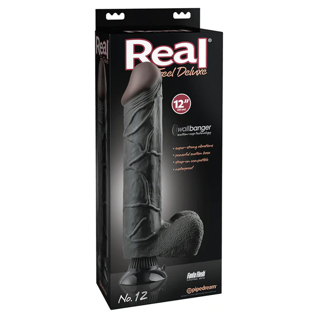 Real Feel Deluxe No. 12 Realistic 12 in. Vibrating Dildo With Balls and Suction Cup Black - Headshop.com