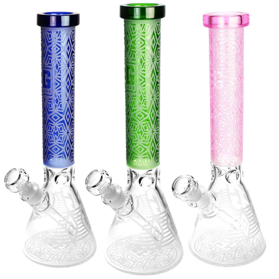 Deco Diamond Etched Beaker Water Pipe - 14.5"/14mm F/Colors Vary - Headshop.com