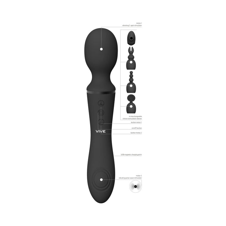 VIVE NAMI Dual-Ended Pulse Wave & Vibrating Wand With Interchangeable Sleeves Black - Headshop.com