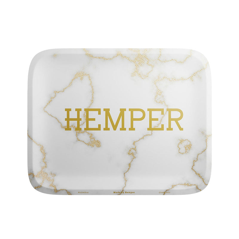 Hemper Luxe White/Gold Marble Metal Rolling Tray - 7"x5.5" - Headshop.com