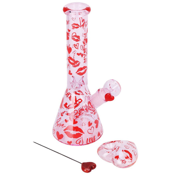Pulsar Valentine's XOXO Glass Beaker Water Pipe & Hand Pipe Set - 10" / 14mm F Pulsar Valentine's XOXO Glass Beaker Water Pipe & Hand Pipe Set - 10" / 14mm F
