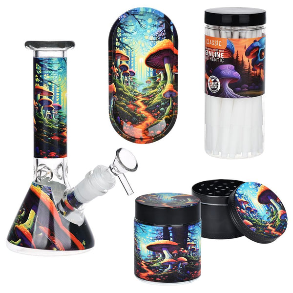 Mushroom Forest Glass Beaker Water Pipe Smoking Set - 7.75" Mushroom Forest Glass Beaker Water Pipe Smoking Set - 7.75"