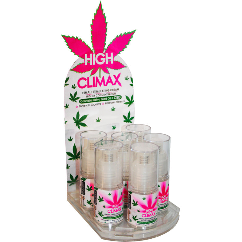 High Climax Female Stimulant with Hemp Seed Oil display (6 bottles 1/2 oz each) - Headshop.com