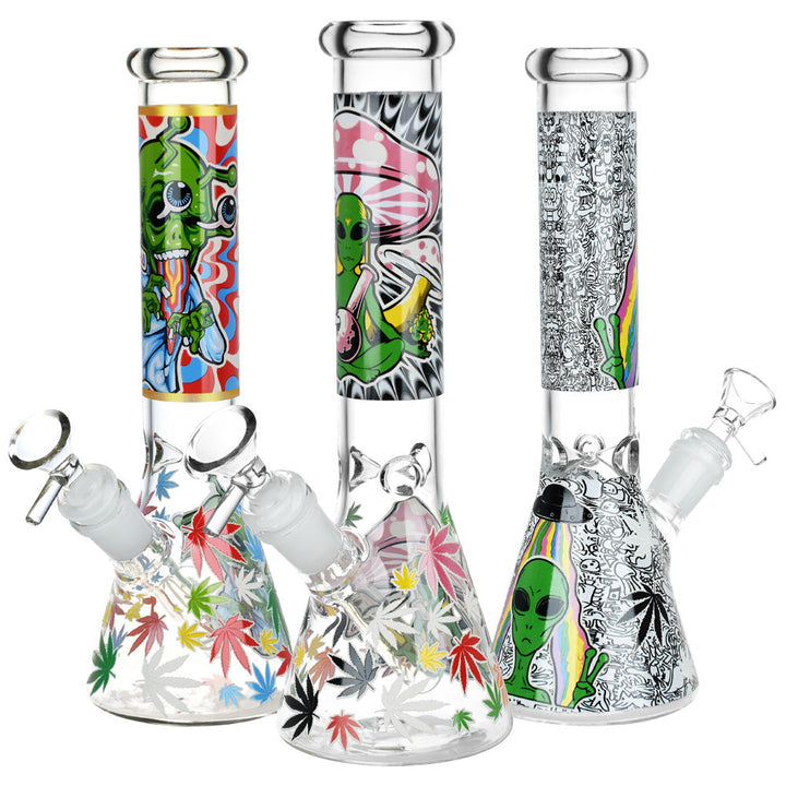 Aliens And Hemp Leaves Glow Glass Beaker Water Pipe-10" / 14mm F / Designs Vary - Headshop.com
