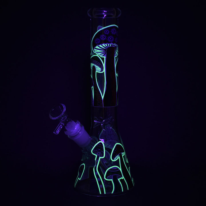 Shrooms Are Watching Glow Glass Beaker Water Pipe - 10" / 14mm F / Designs Vary - Headshop.com