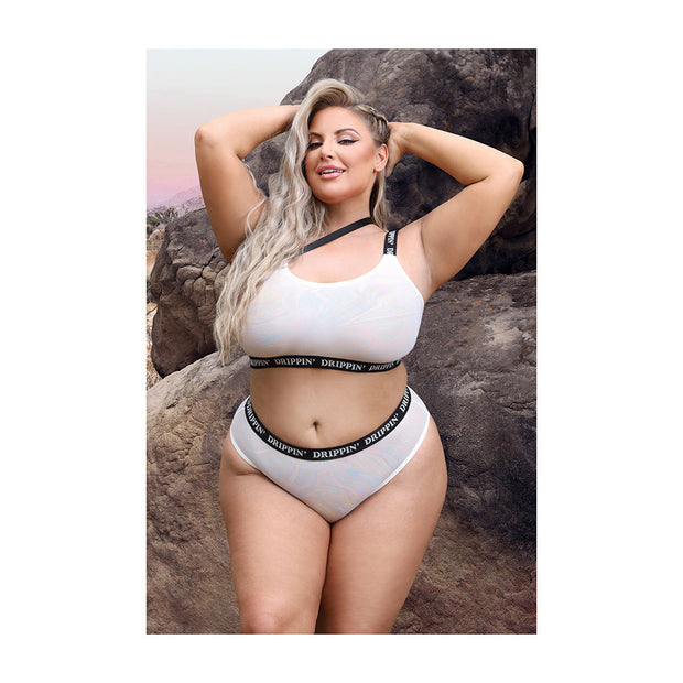 Fantasy Lingerie Vibes Drippin' Iridescent Strappy One-Shoulder Top & Panty Pearl White Queen - Headshop.com