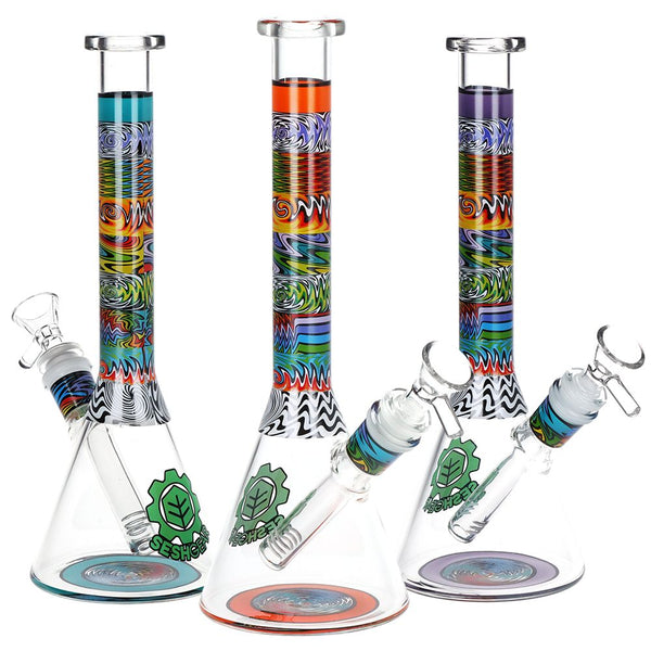SeshGear Tehchnicolor Zig Wag Beaker Glass Water Pipe - 10" / 14mm F / Colors Vary SeshGear Tehchnicolor Zig Wag Beaker Glass Water Pipe - 10" / 14mm F / Colors Vary