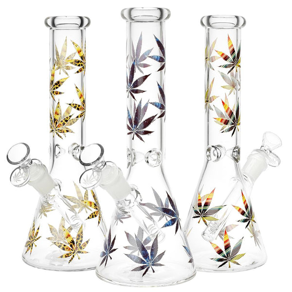 Stylized Hemp Leaf Glow in Dark Glass Water Pipe - 10" / 14mm F / Colors Vary Stylized Hemp Leaf Glow in Dark Glass Water Pipe - 10" / 14mm F / Colors Vary
