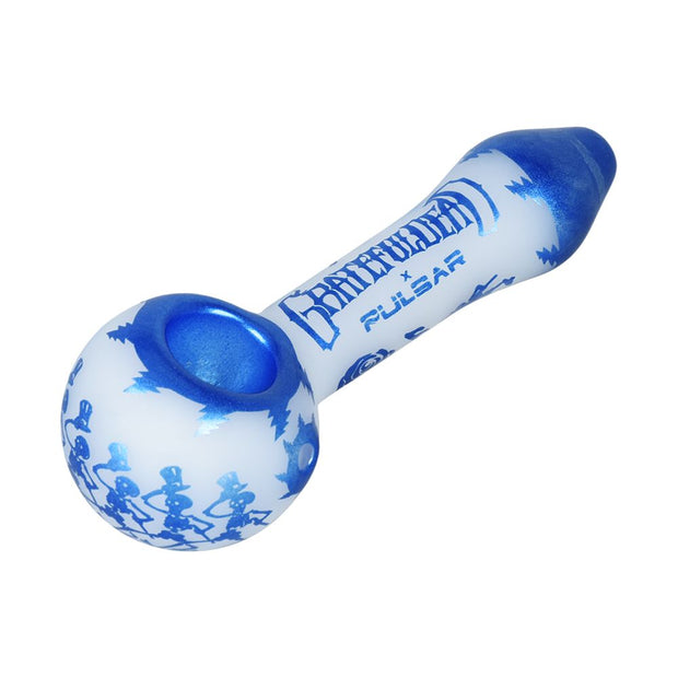 Grateful Dead x Pulsar Blue Sky Dancing Skellies Glass Spoon Pipe - 4.75" - Headshop.com