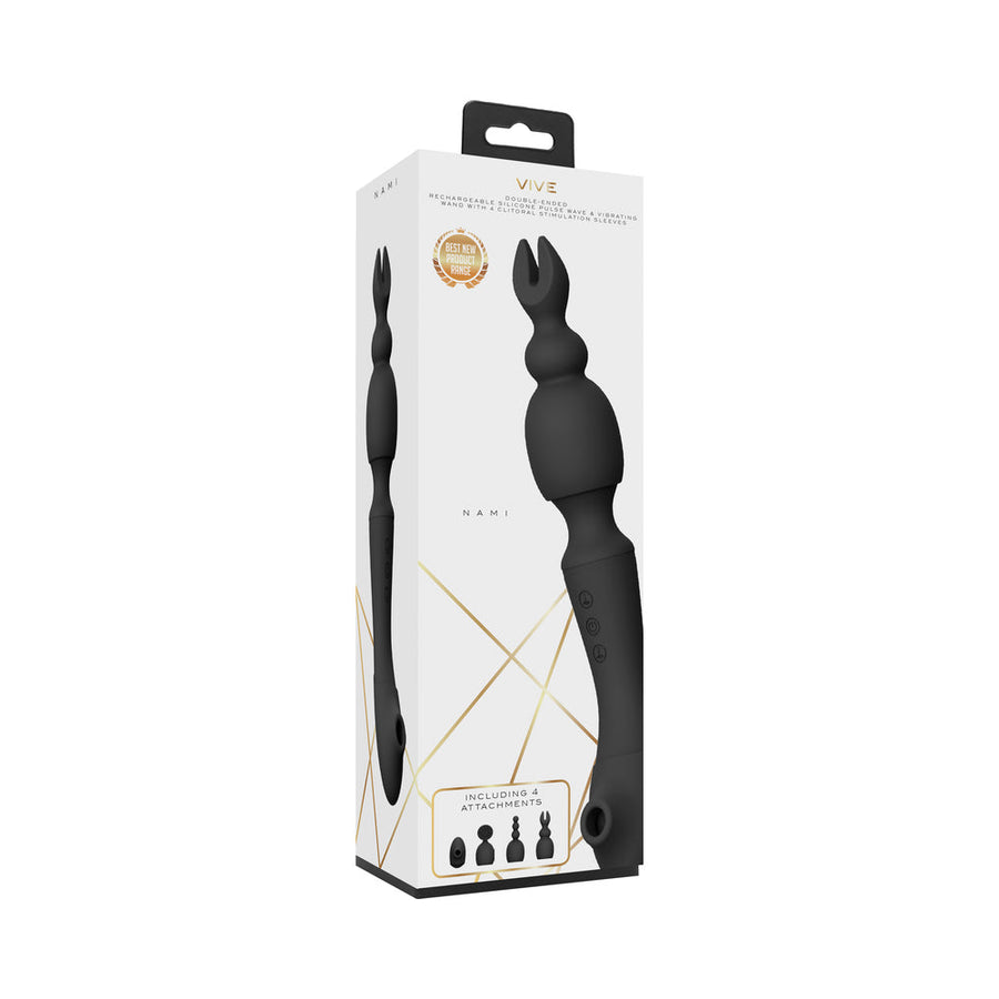 VIVE NAMI Dual-Ended Pulse Wave & Vibrating Wand With Interchangeable Sleeves Black - Headshop.com