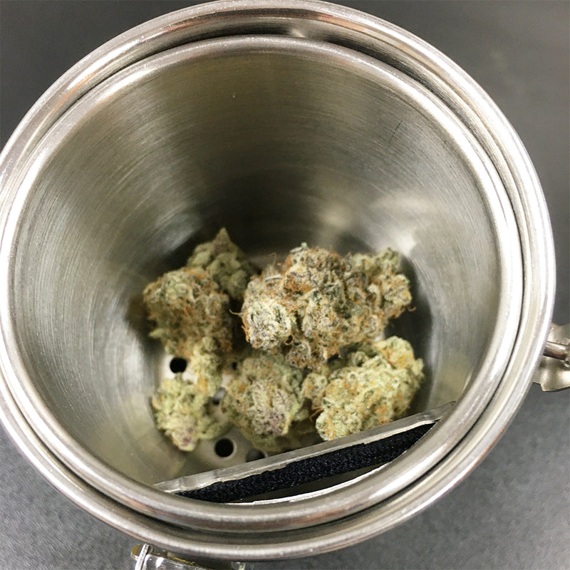 The Bud Bucket, Cannabis Storage Solution ~ Stainless Steel Vault, Odor Proof, Air Tight ,UV Blocking, Sifter Canister - Headshop.com