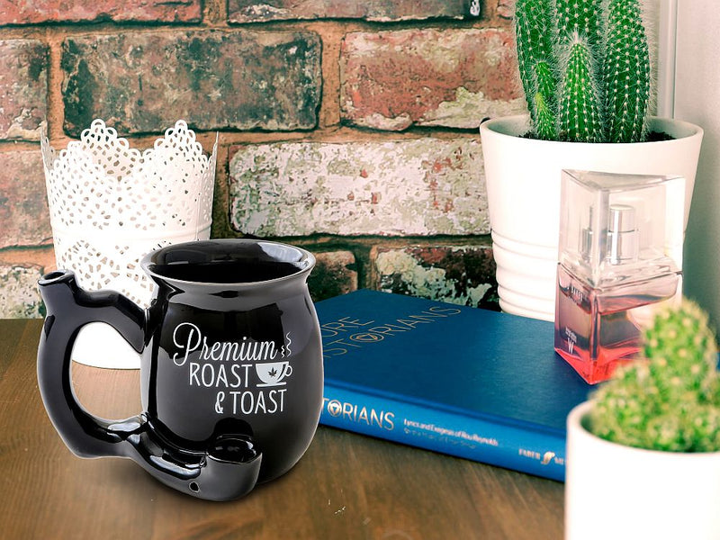 Premium Roast & Toast Single Wall Mug - Shiny Black with White Print - Headshop.com