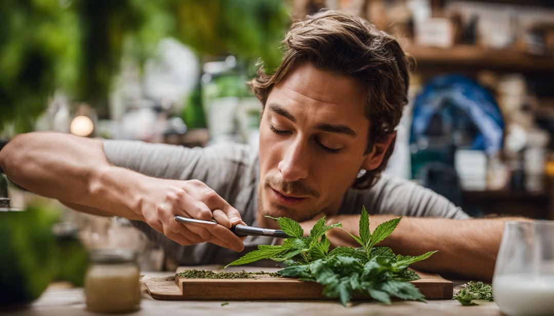 A person crafting a homemade weed pipe using fruits and household items.