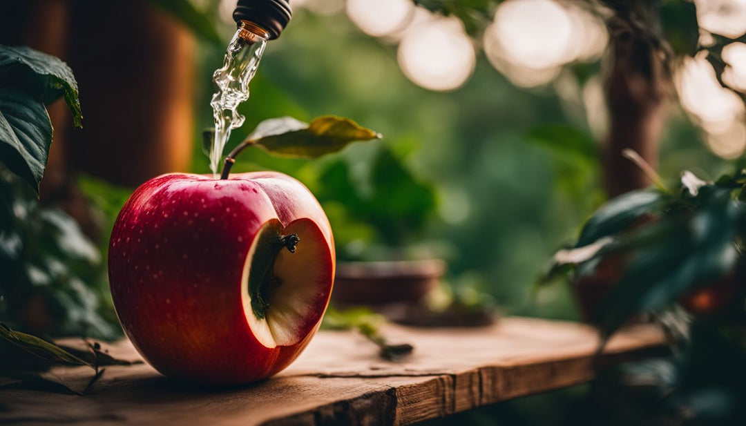 An apple carved into a DIY bong surrounded by various natural elements.