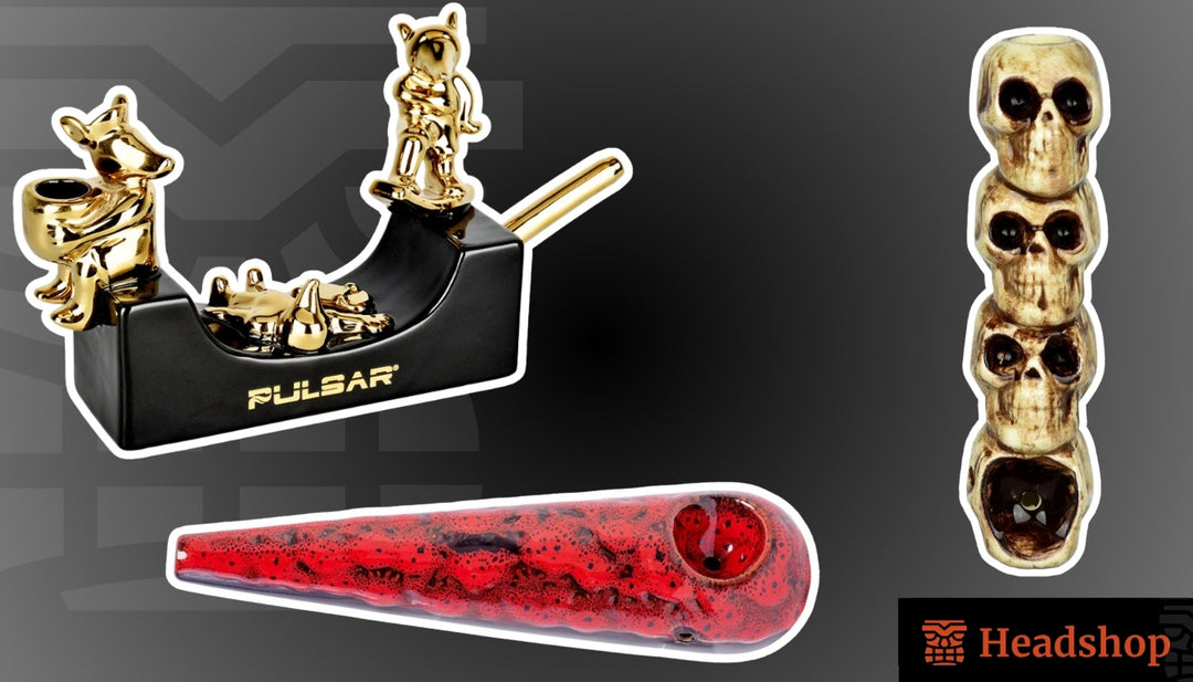 An artistic handcrafted ceramic pipe surrounded by sculpting tools and raw clay.