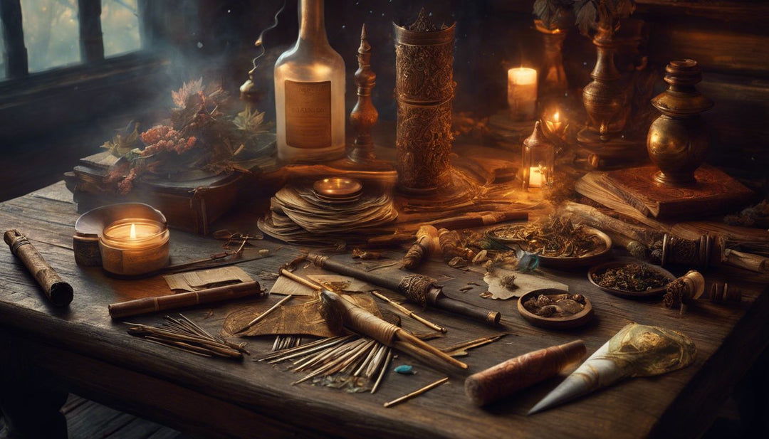 A variety of rolled cannabis products on a rustic wooden table.