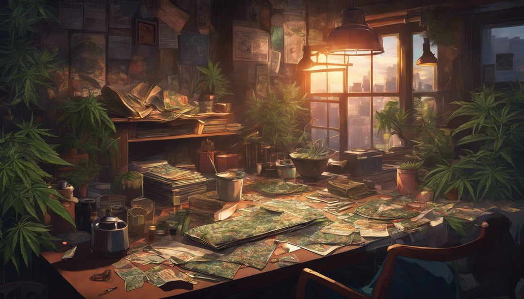 A cluttered table with cannabis and smoking paraphernalia.