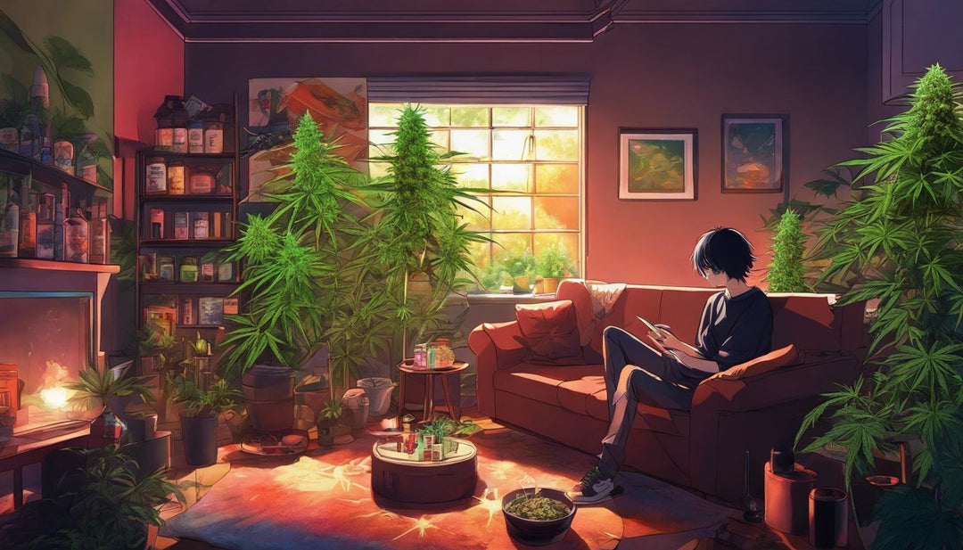 A person examining cannabis products and THC levels in a living room.