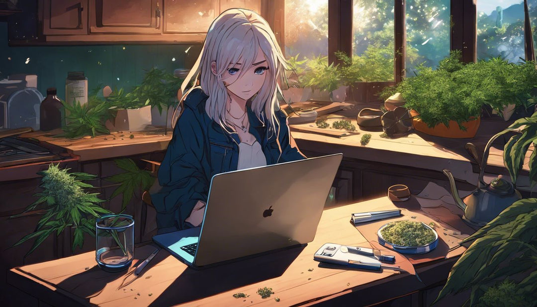 A young woman rolls a blunt surrounded by cannabis and rolling tools.