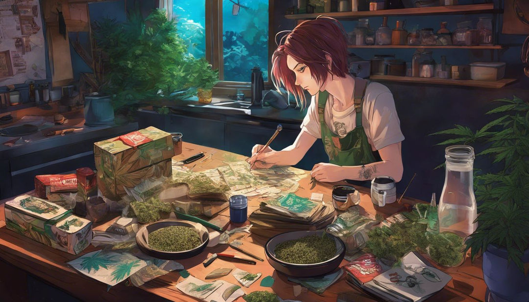 A person prepares to roll a blunt at a cluttered kitchen table.