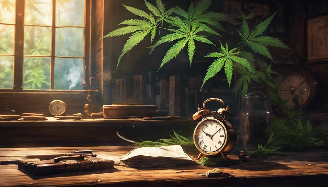 A well-used blunt resting next to a ticking clock in a cozy room with cannabis paraphernalia.