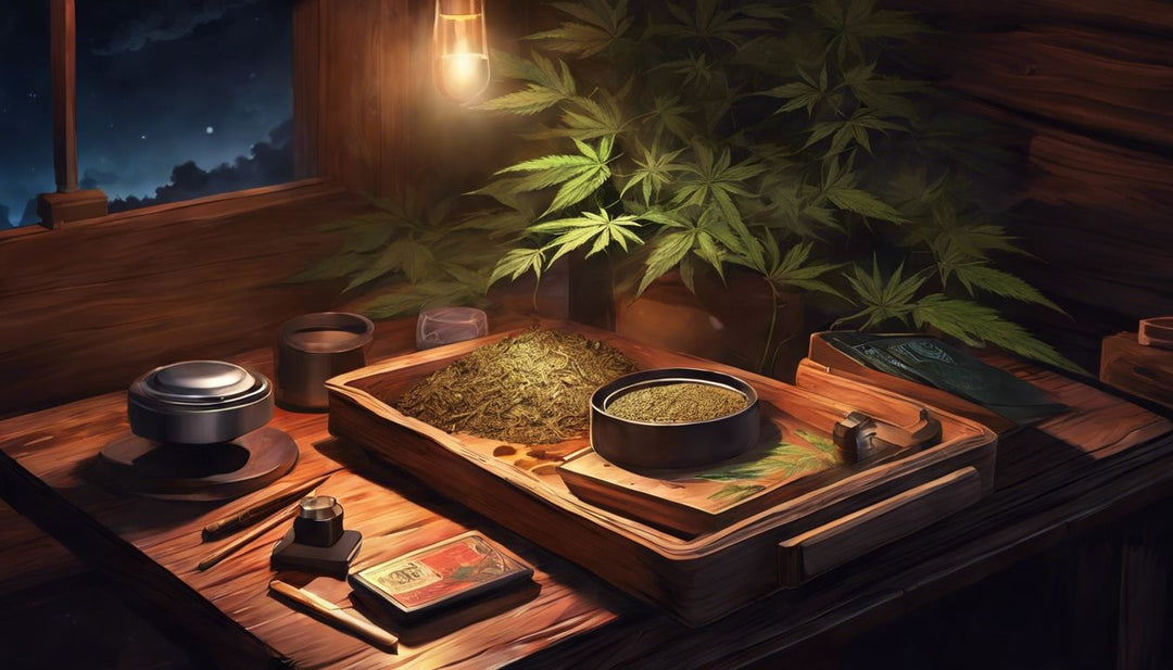 A wooden rolling tray with smoking accessories and marijuana.