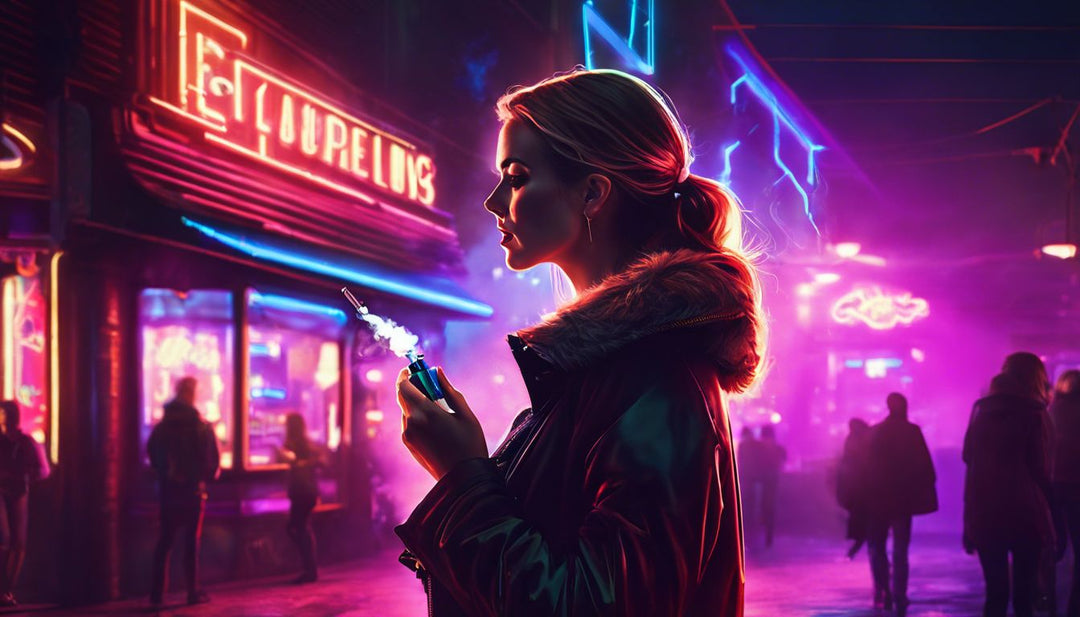 A young woman vaping outside a dimly lit lounge reflects rebellion.