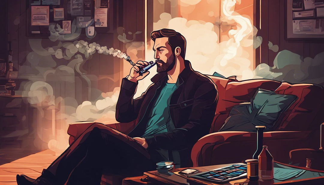 A man in his mid-30s exhales vapor from an e-cigarette in a cluttered room.