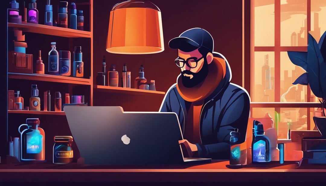 A person browsing vape products on a laptop at home.