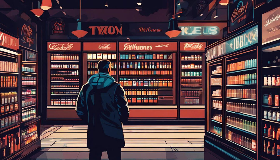 A man browsing Mike Tyson Vapes products in a vape store.
