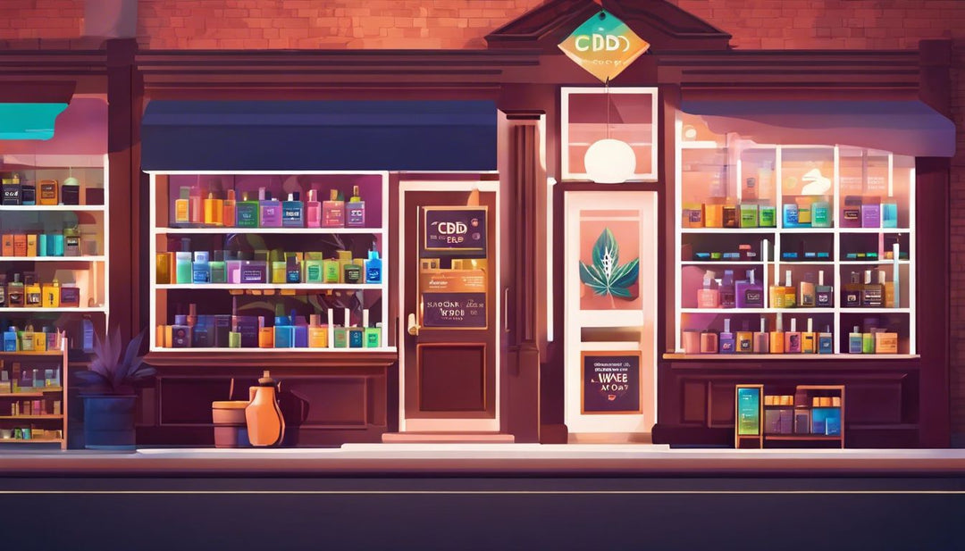A local CBD vape shop with colorful products and browsing customers.