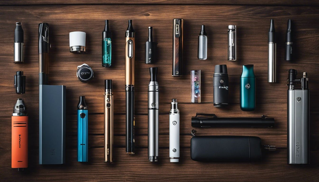 A variety of vape pens, e-cigarettes, and accessories displayed on a table.