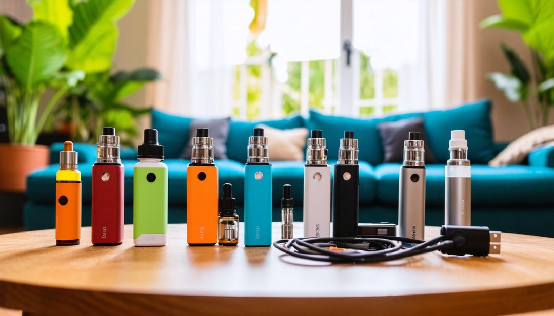 A variety of vaping devices, eliquid bottles, and charging cables on a table.