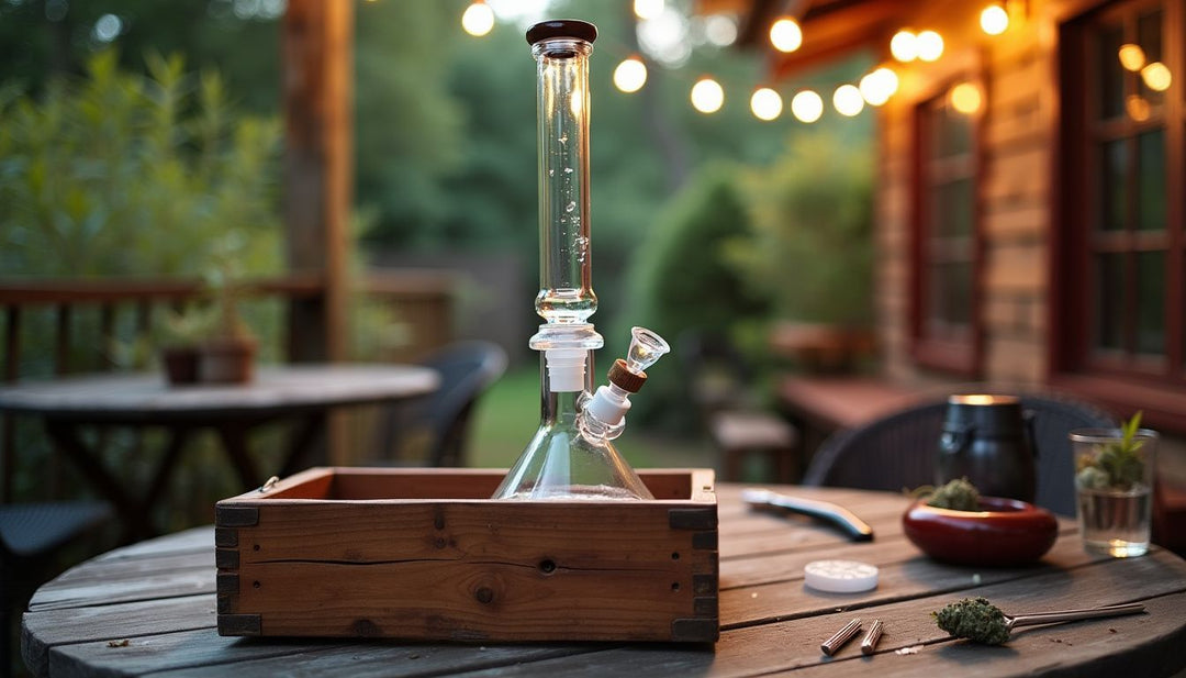 A worn wooden bong box on a rustic outdoor patio table.