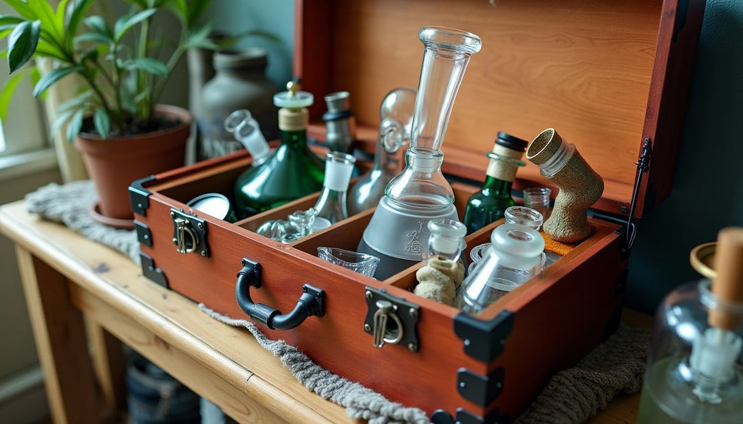 A neatly organized wooden storage box filled with glass bongs and pipes.