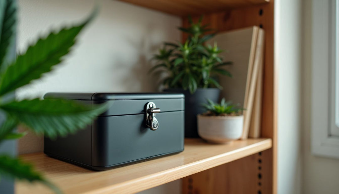 A well-organized cannabis storage box on a wooden shelf.