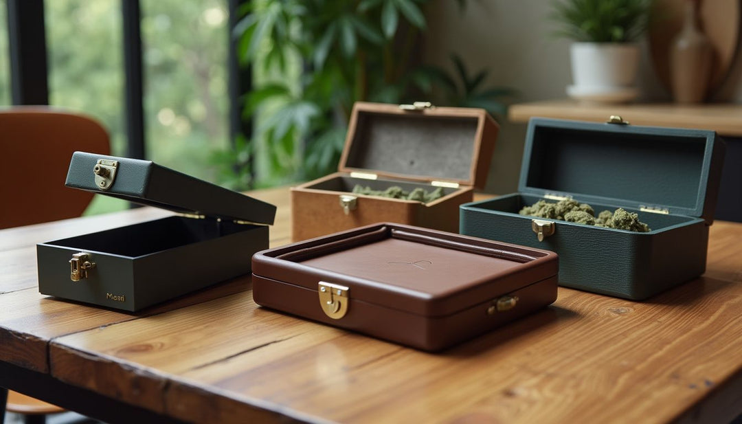 Several lockable, smell-proof hash boxes displayed on a wooden table.