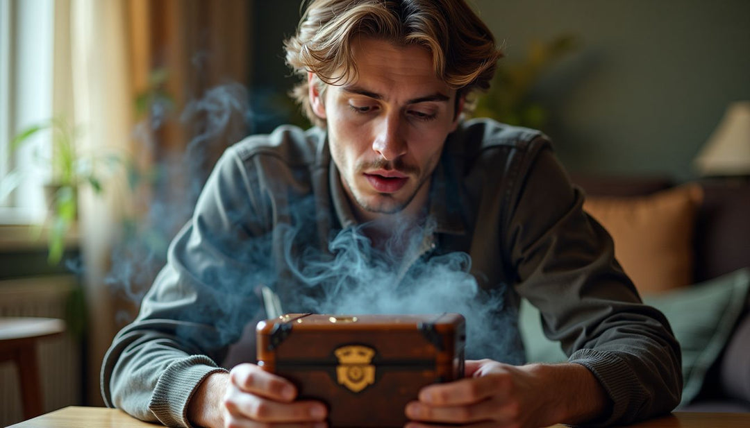A person in their mid-20s is examining a stylish stash box.