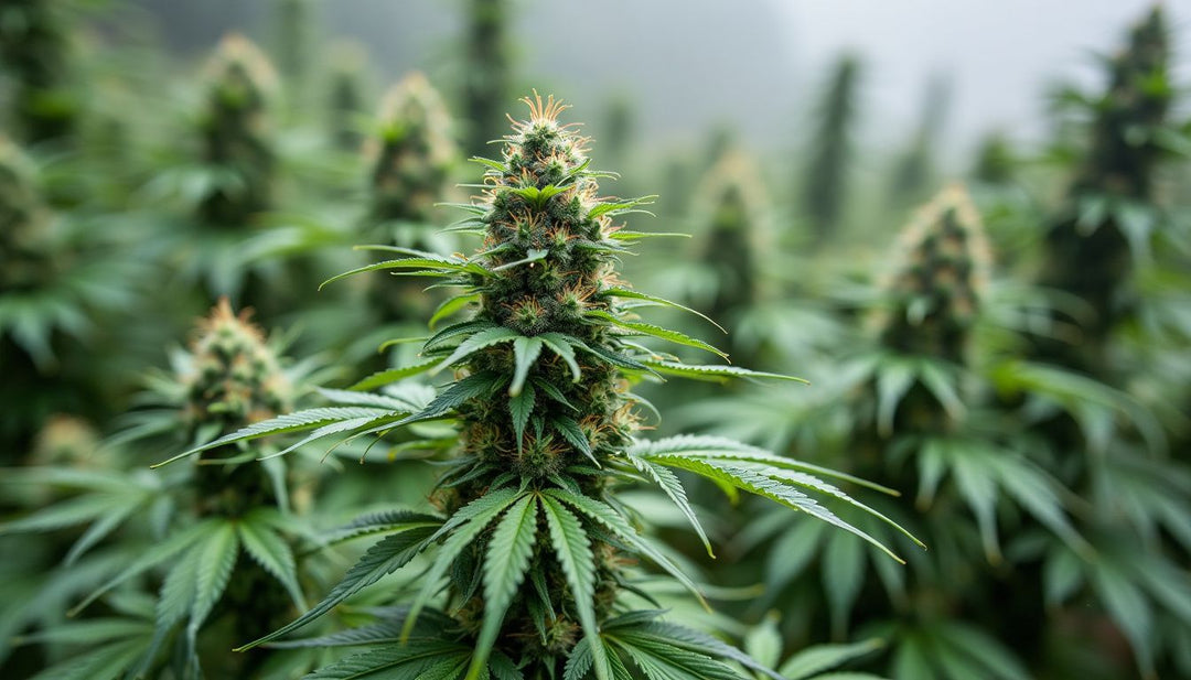 Close-up photo of various cannabis plants in outdoor natural setting.