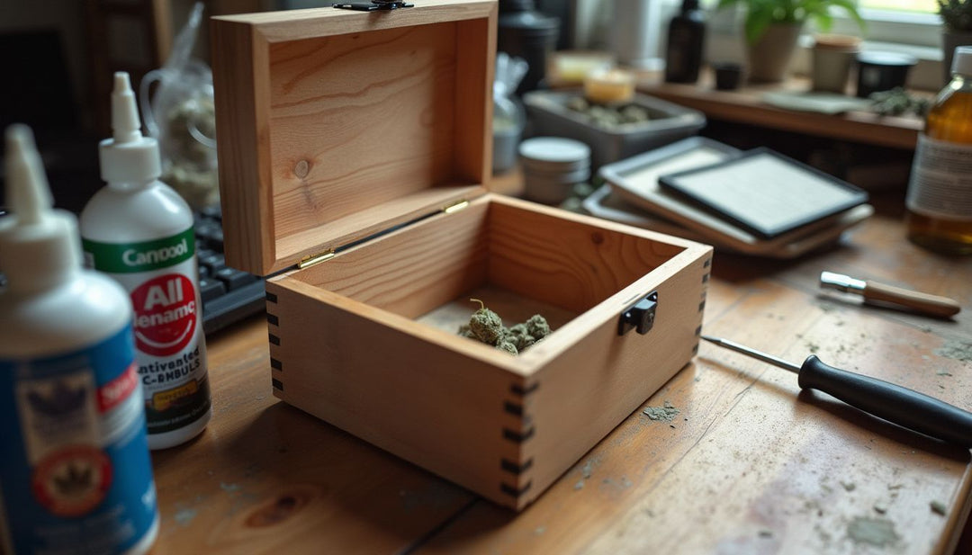 A wooden stash box is being converted into a smell-proof container.