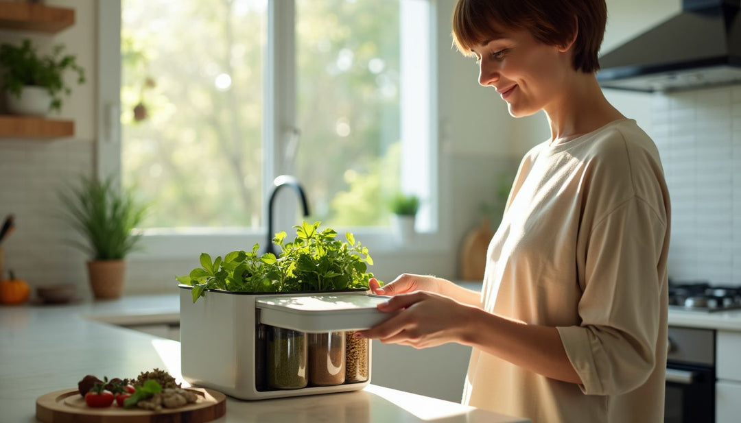 A person opening a modern container of fresh herbs and spices.