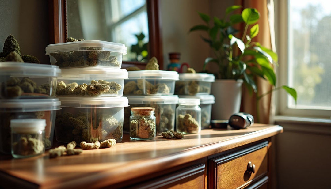 A cluttered dresser with various smell-proof storage containers for managing odors.