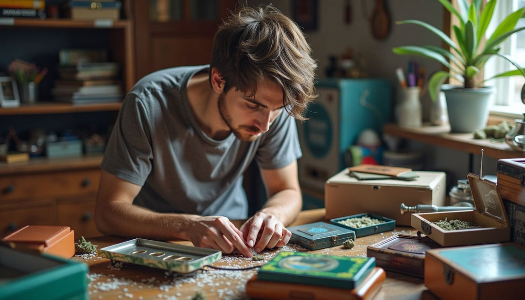 A person is examining stash boxes and rolling trays in a cluttered room.